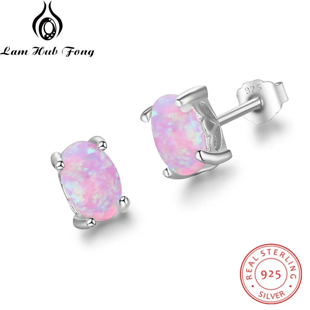 925 Sterling Silver Oval Pink Fire Opal Earrings for Women