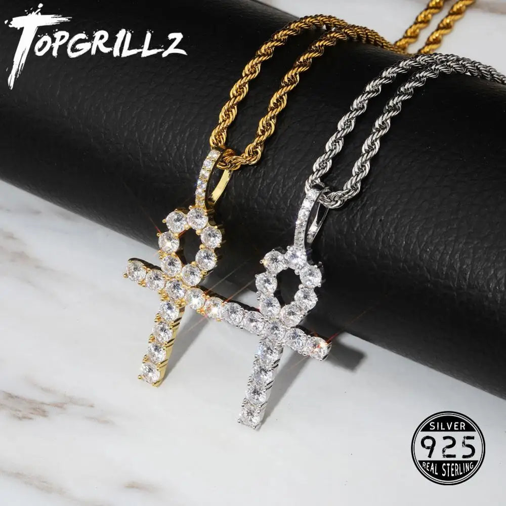 Sterling Silver Iced Zircon Ankh Cross Pendant