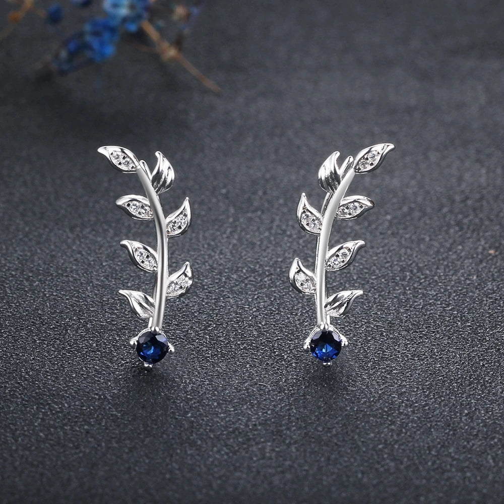 Royal Blue Climber Earrings Zirconia Leaves 925 Sterling Silver Stud for Women