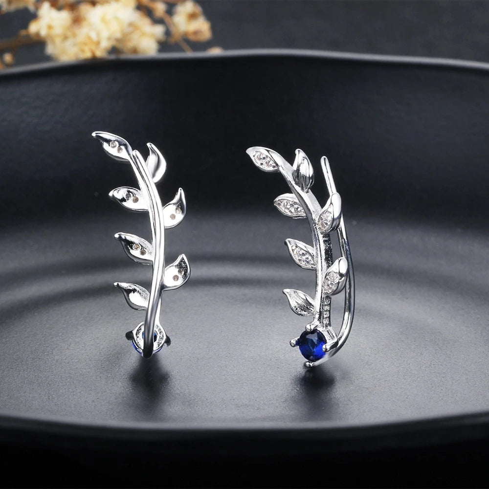 Royal Blue Climber Earrings Zirconia Leaves 925 Sterling Silver Stud for Women