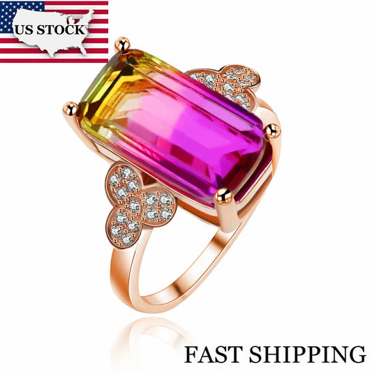 Women Rectangle Ring Rose Gold Color Multicolor Stone Women's Jewelry