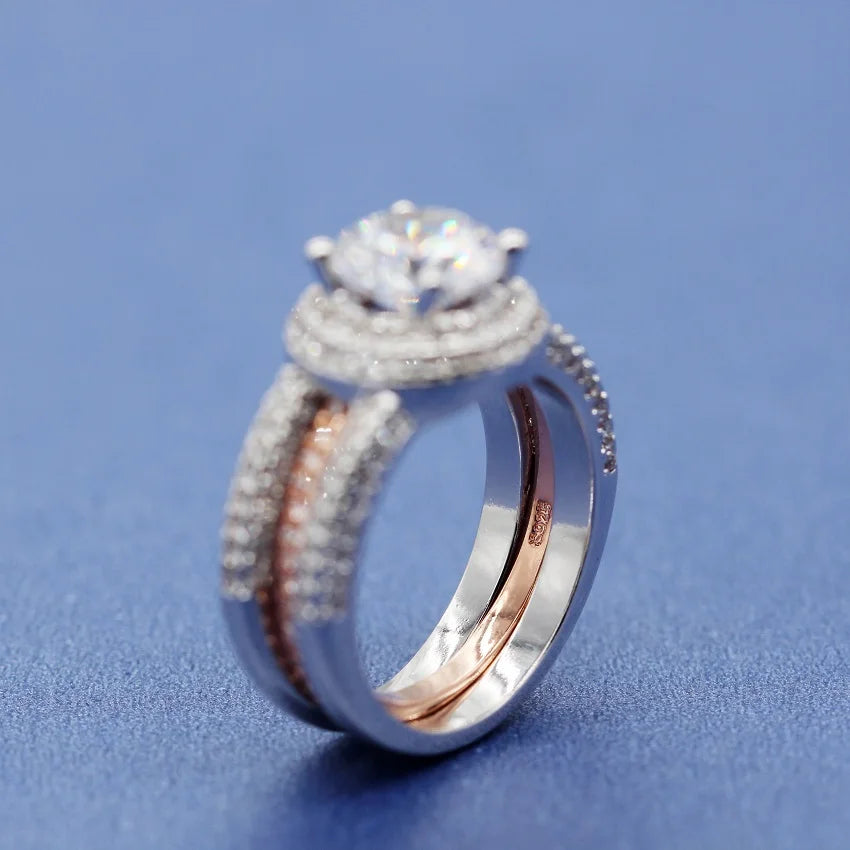 2 Tone Cubic Zirconia Ring 2 Pcs Women Engagement Ring