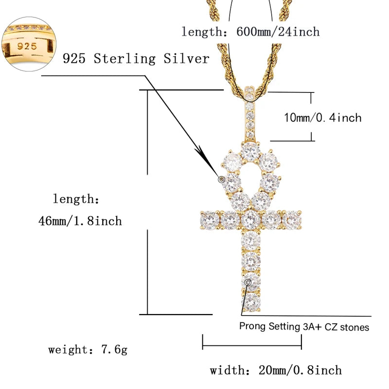 Sterling Silver Iced Zircon Ankh Cross Pendant