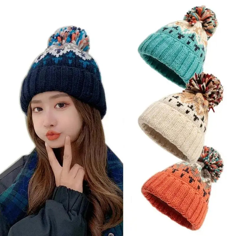 Knitted Beanie with Pom Winter Pompom Beanie Hat Soft and Warm Snow Hat Pom Pom Hats for Cold Weather and Outdoor Winter Pompom