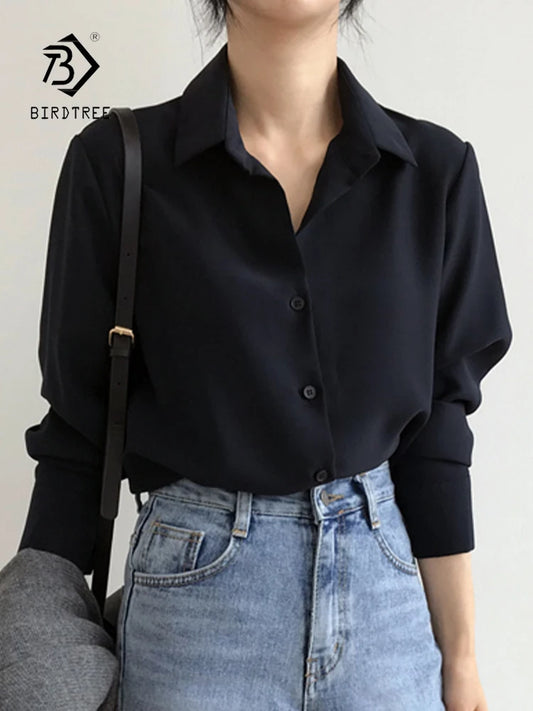 Women Solid Black Chiffon Blouse Long Sleeve