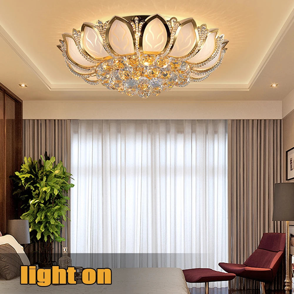 LOYALHEARTD Modern LED Ceiling Lamp Gold Lotus Crystal Chandelier Flush Mount Light Fixture