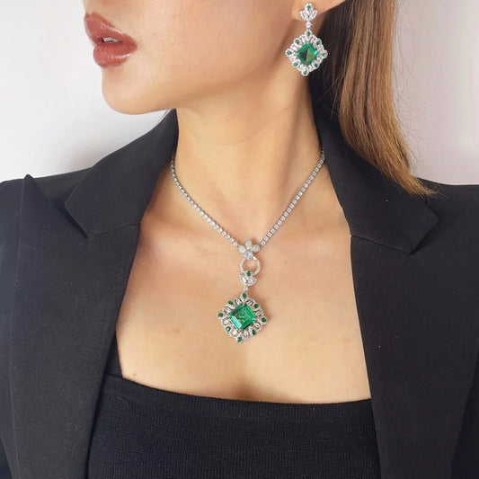 Square Green Crystal Set Necklace and Earrings