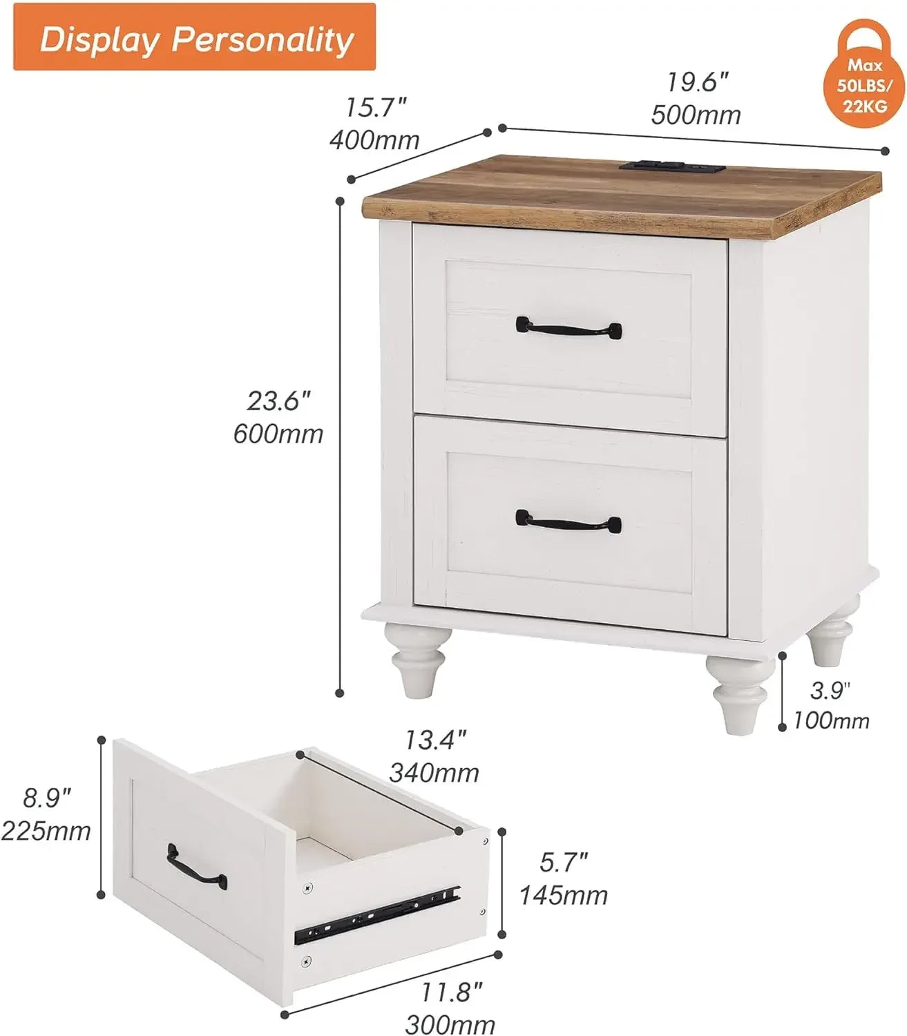 White End Table Nightstand with Charging Station,