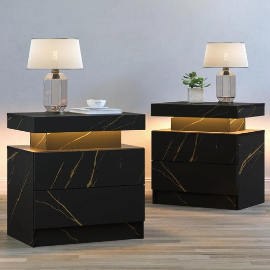 LED Nightstands Set of 2 Modern End Table with 2 Drawers