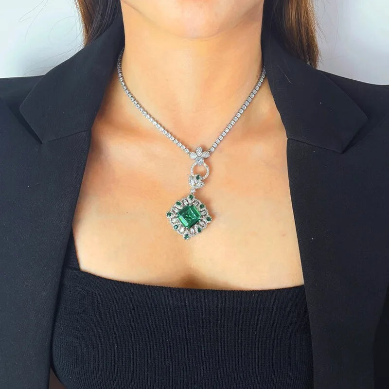 Square Green Crystal Set Necklace and Earrings