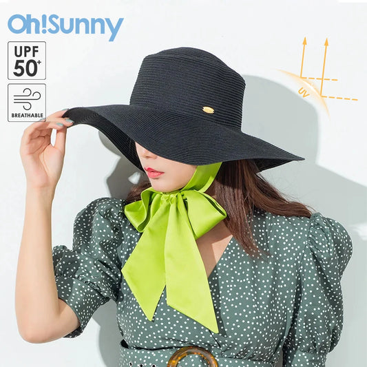 OhSunny Summer Large Brim Straw Hat Ribbon UV Protection Floppy Wide Sun Cap Beach Foldable Washable Adjustable Hats For Women
