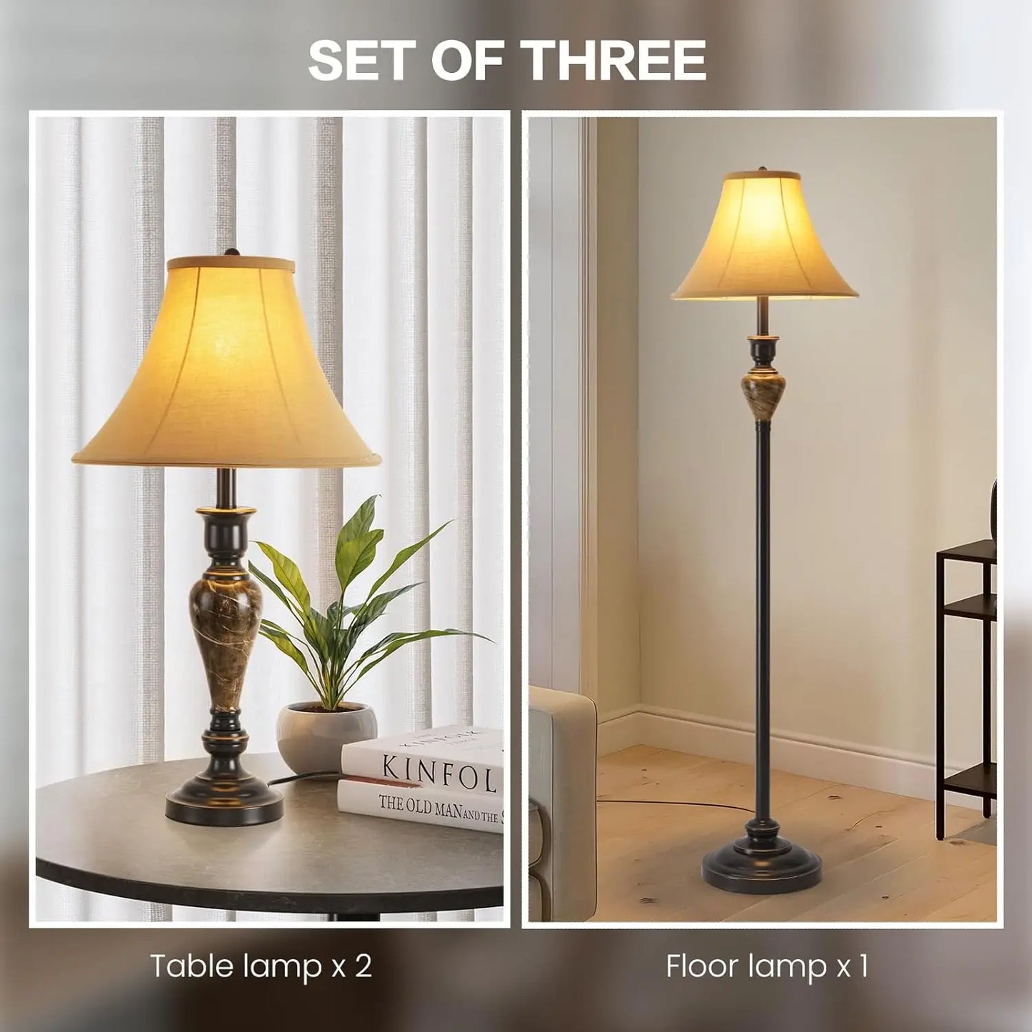 3 Piece Vintage Table Lamp and Floor Lamp Set