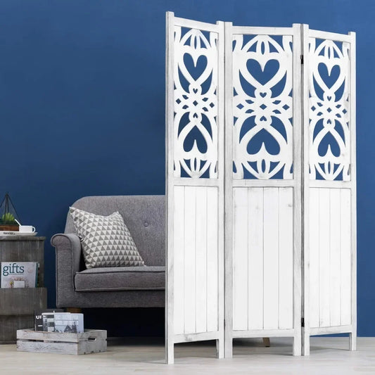 3-Panel Decorative Vintage White Cutout Heart Room Divider