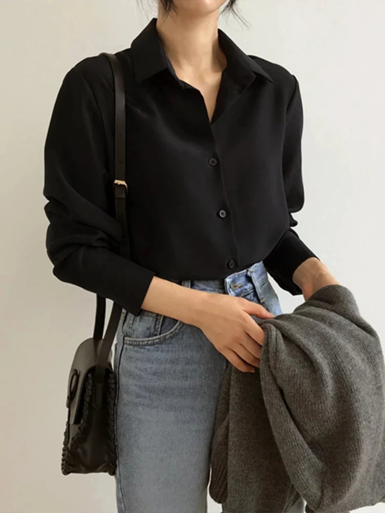 Women Solid Black Chiffon Blouse Long Sleeve