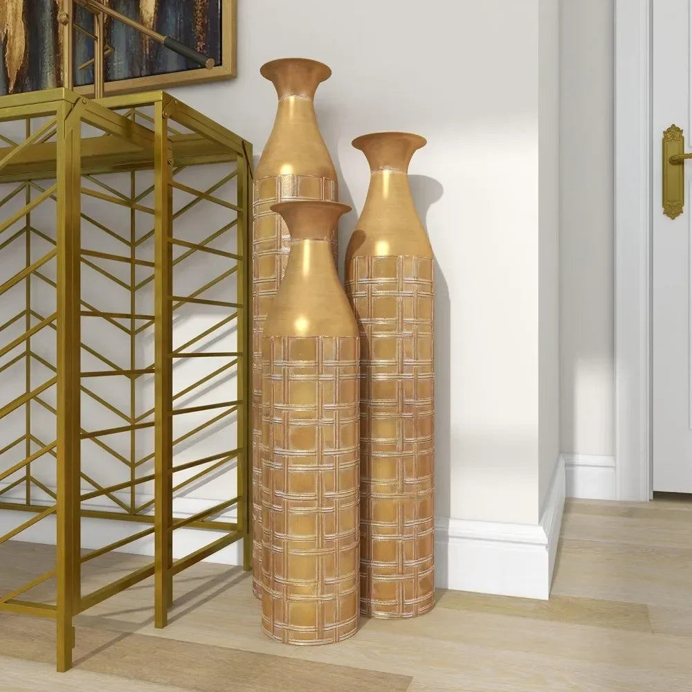 Gold Flower Metallic Vase With Etched Grid Patterns Vases Set of 3