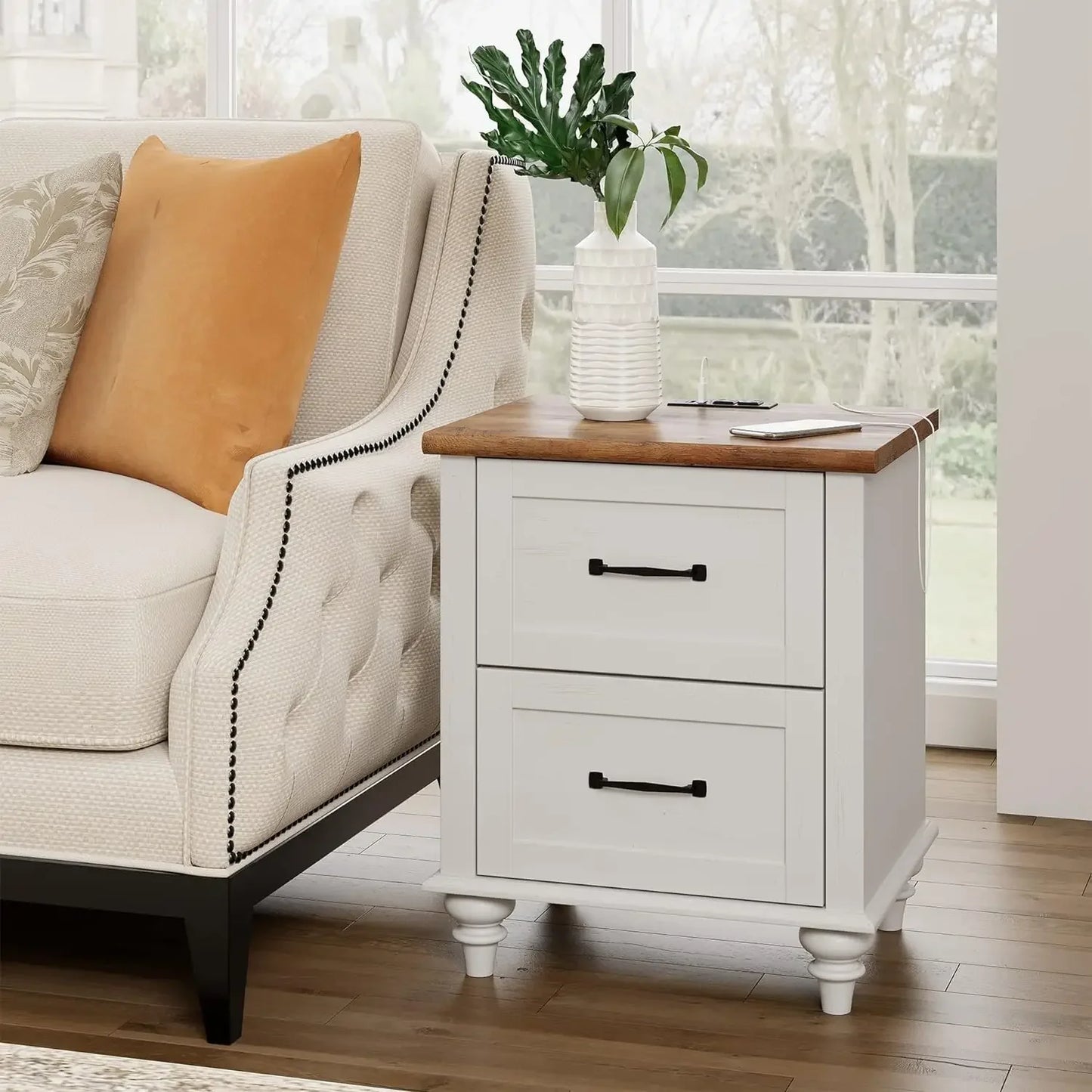 White End Table Nightstand with Charging Station,