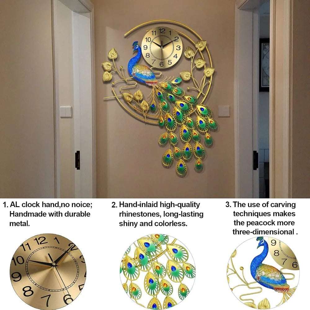 Silent Digital Wall Clock With Metal Peacock Design Decoration Home  Decor