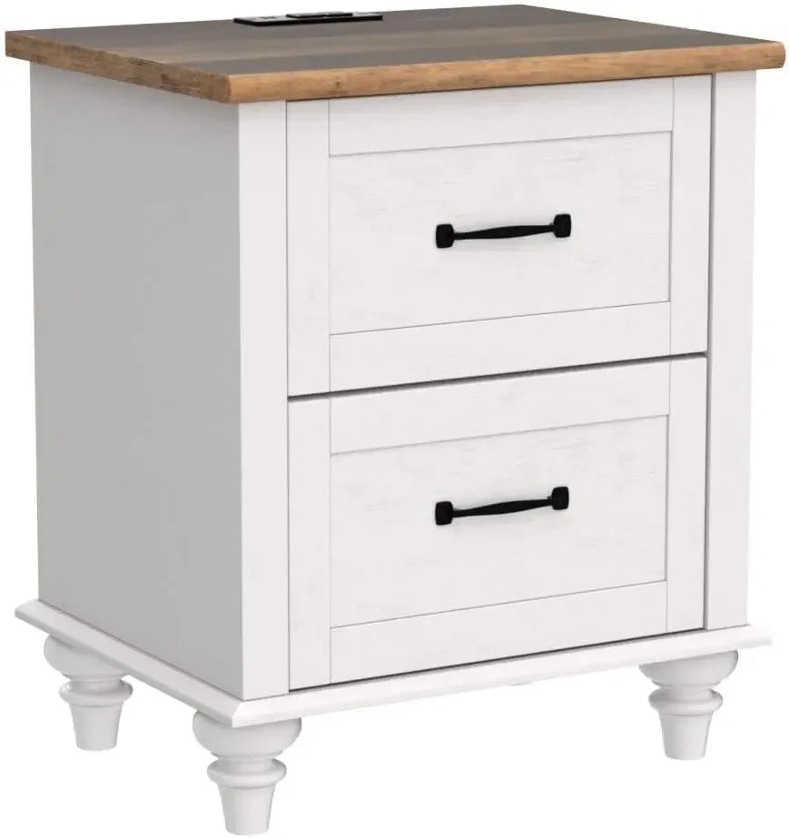 White End Table Nightstand with Charging Station,