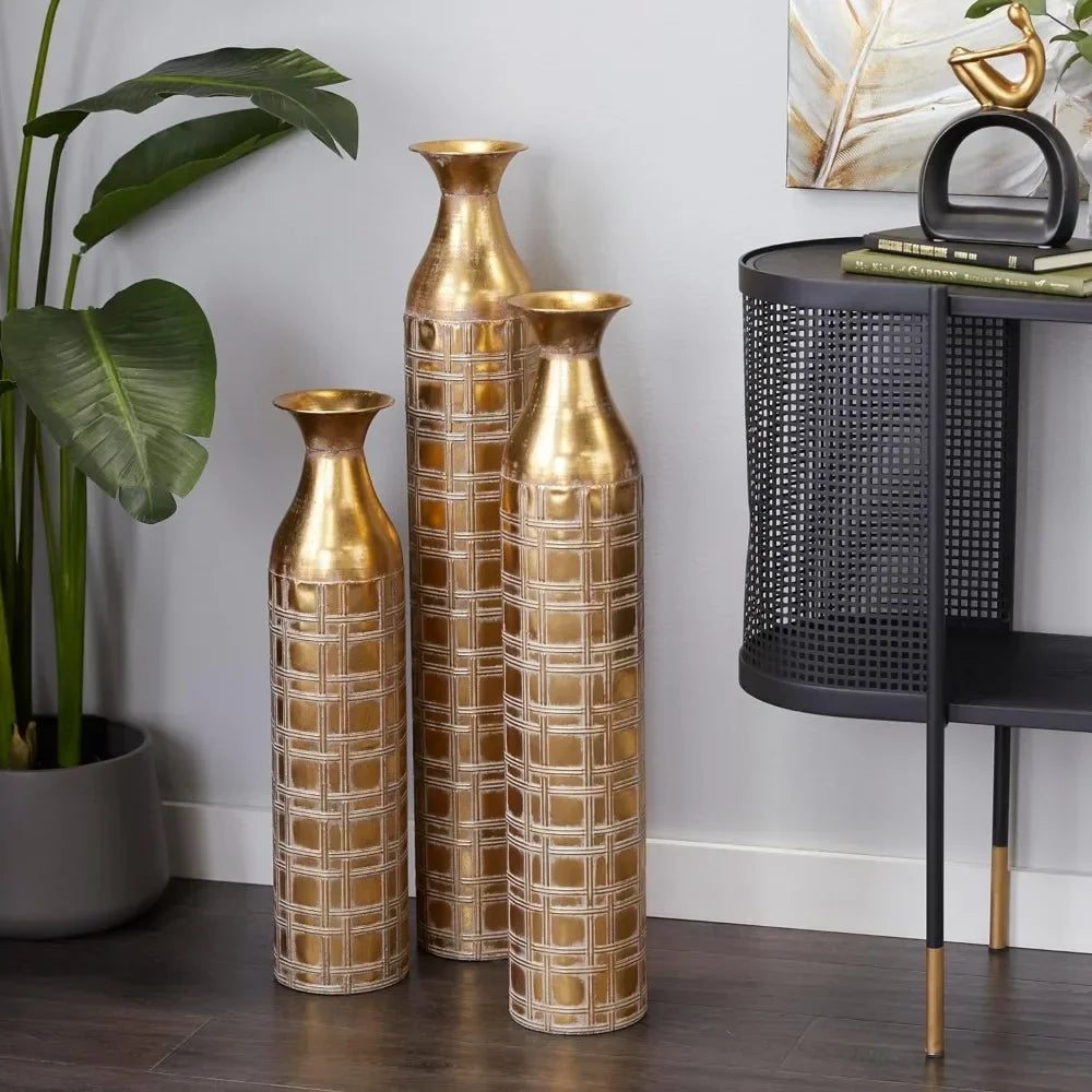 Gold Flower Metallic Vase With Etched Grid Patterns Vases Set of 3