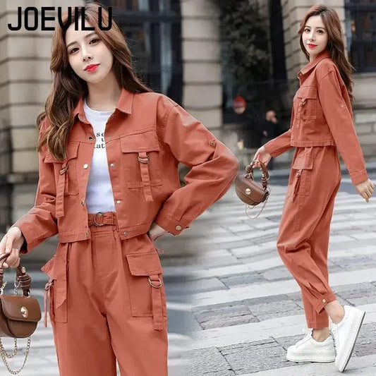 2PCS Streetwear Tracksuit Cargo Coat Casual Pants 2 Piece Sets Women's