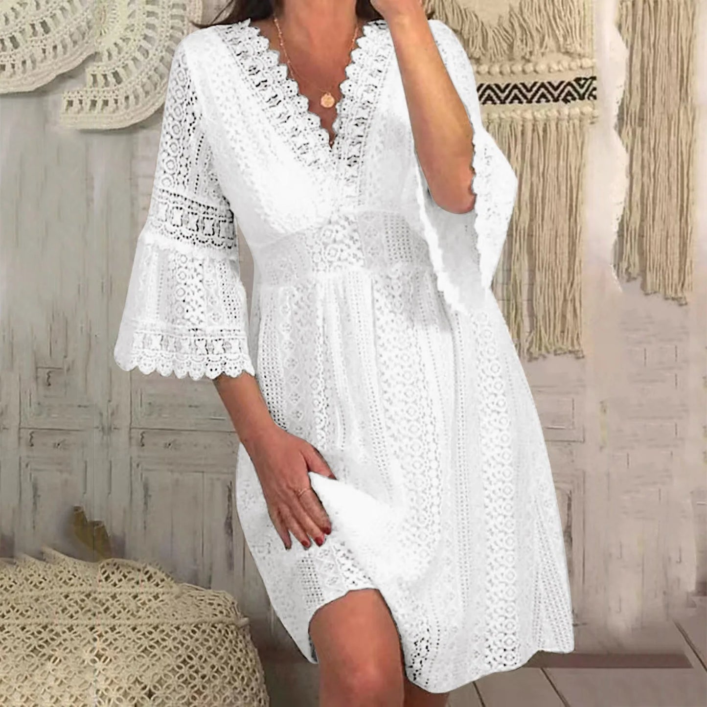 Women's Casual Lace Mid Dress  Flare Sleeve Solid V-Neck Knee Length