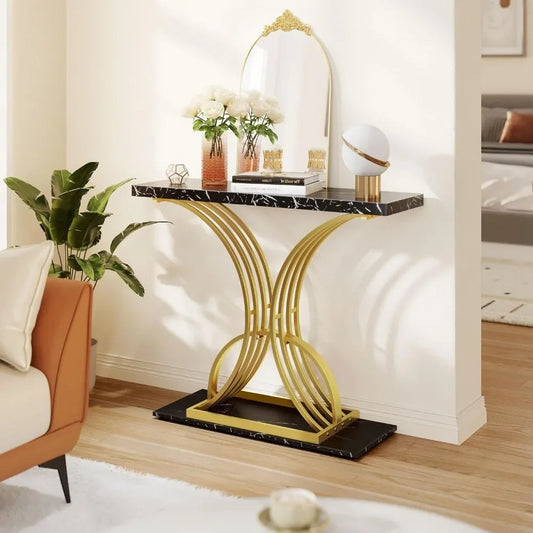 Sofa table with gold console, artificial marble black