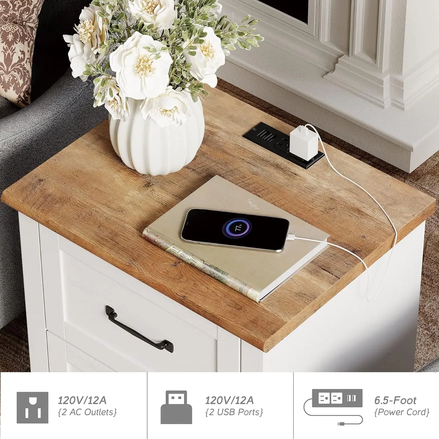 White End Table Nightstand with Charging Station,