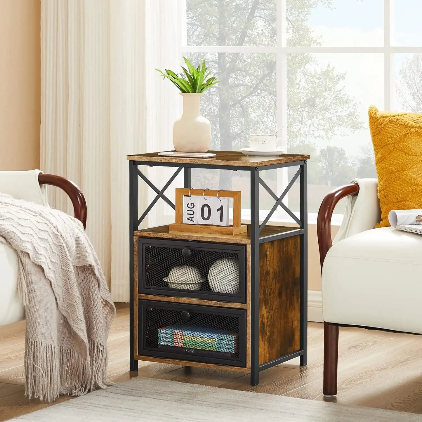 Modern Night Stand, End Side Table with Storage Space and Door