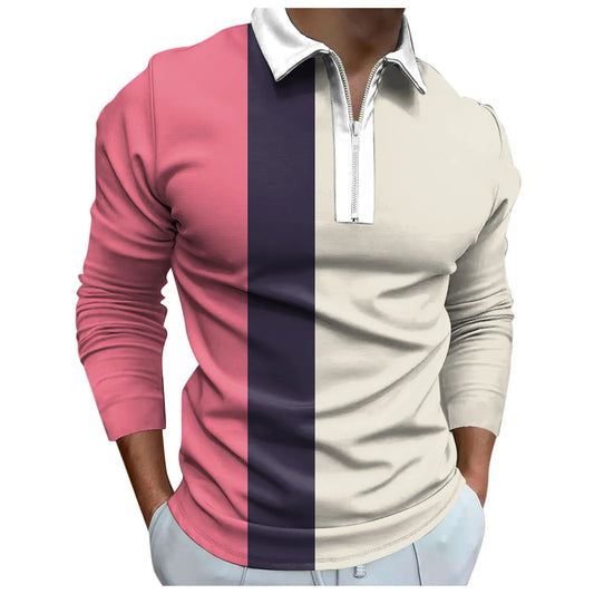 Men Polo Shirts Loose Lapel Zipper 3D Digital Printing Long Sleeve