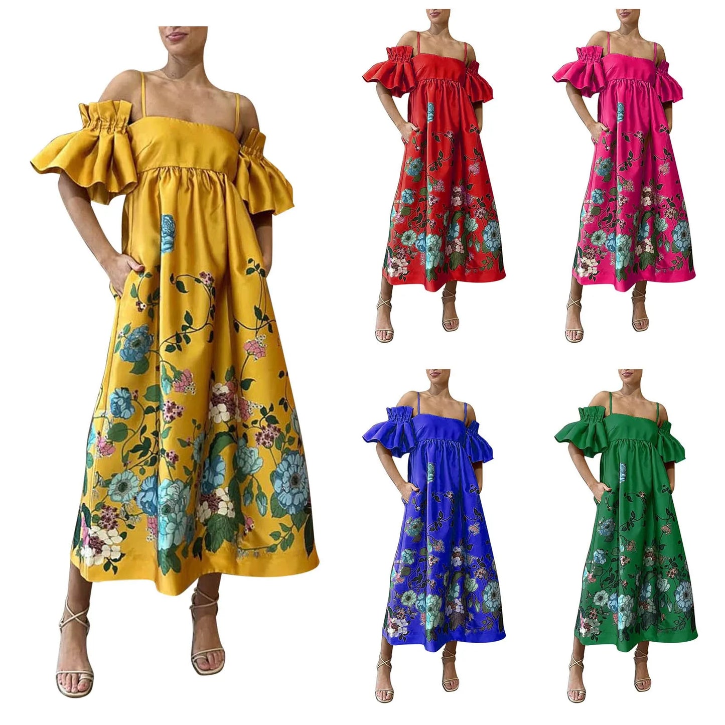 Women Retro Floral Print Long Dress Spaghetti Strap Low Cut Butterfly Ruffle Sleeves Dress