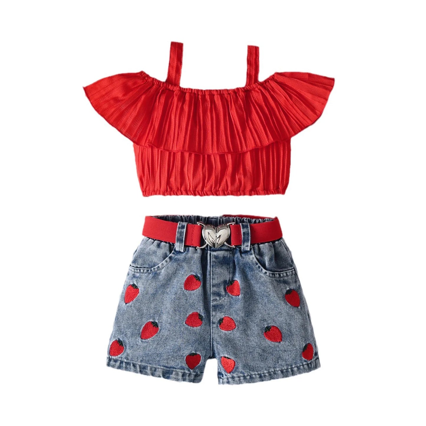 Girls Off Shoulder Top Denim Strawberry Embroider Shorts