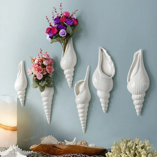 1Pc White Ceramic Sea Shell Hanging Wall Vase Home Decor Accessory