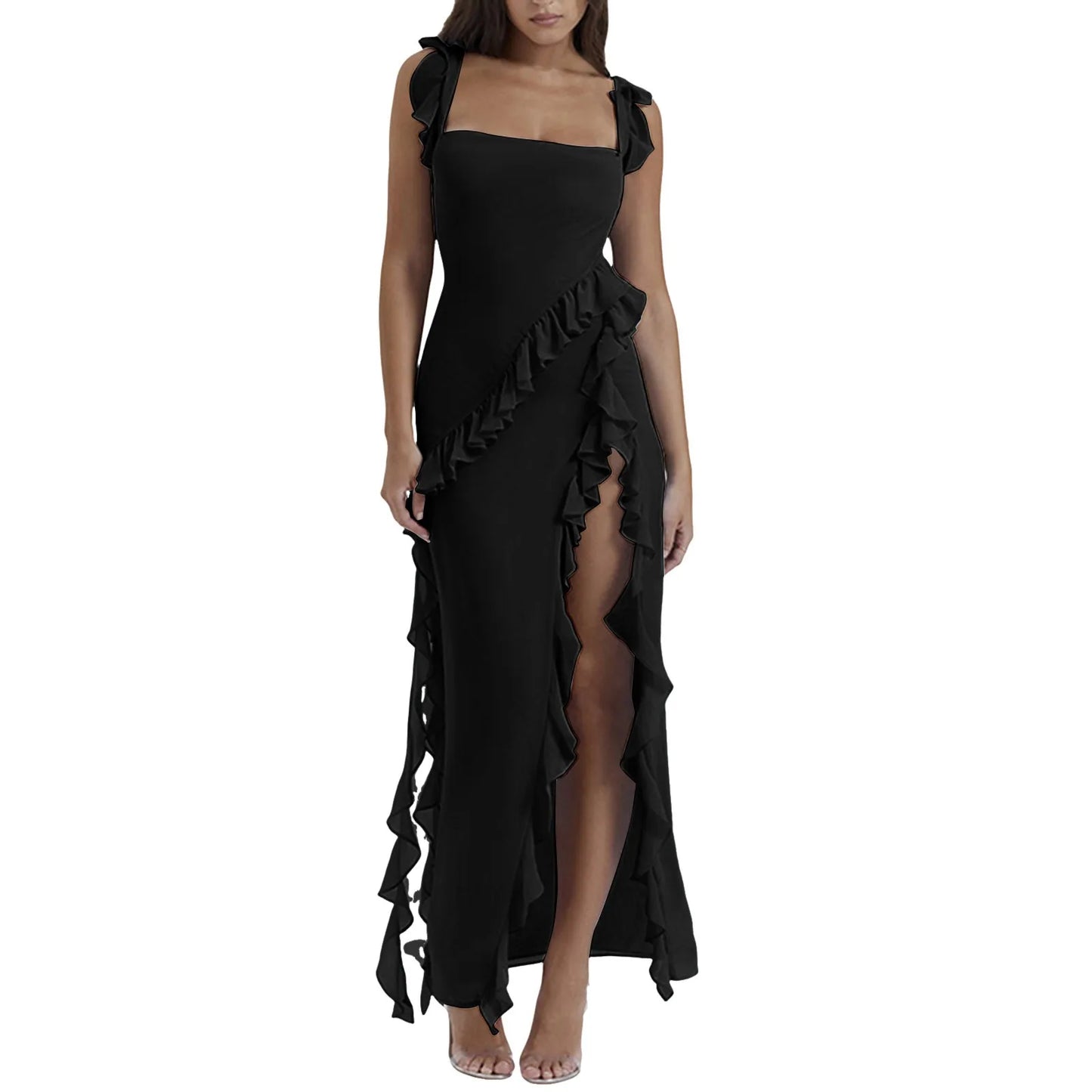 Ruffled Midi Dress for Women Sexy Straps Off Shoulder High Slit