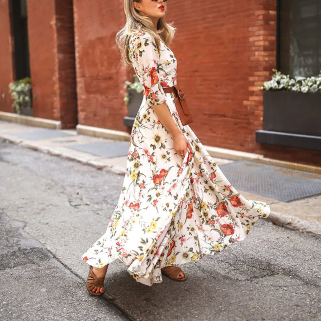 Summer Boho Floral-Printed Dresses Half Sleeve Maxi Dress Pleated Swing Dress