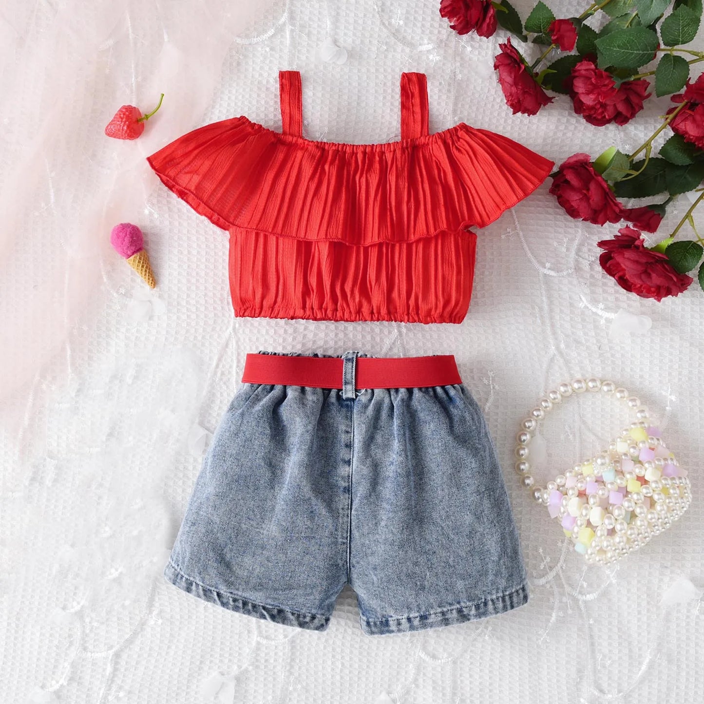 Girls Off Shoulder Top Denim Strawberry Embroider Shorts