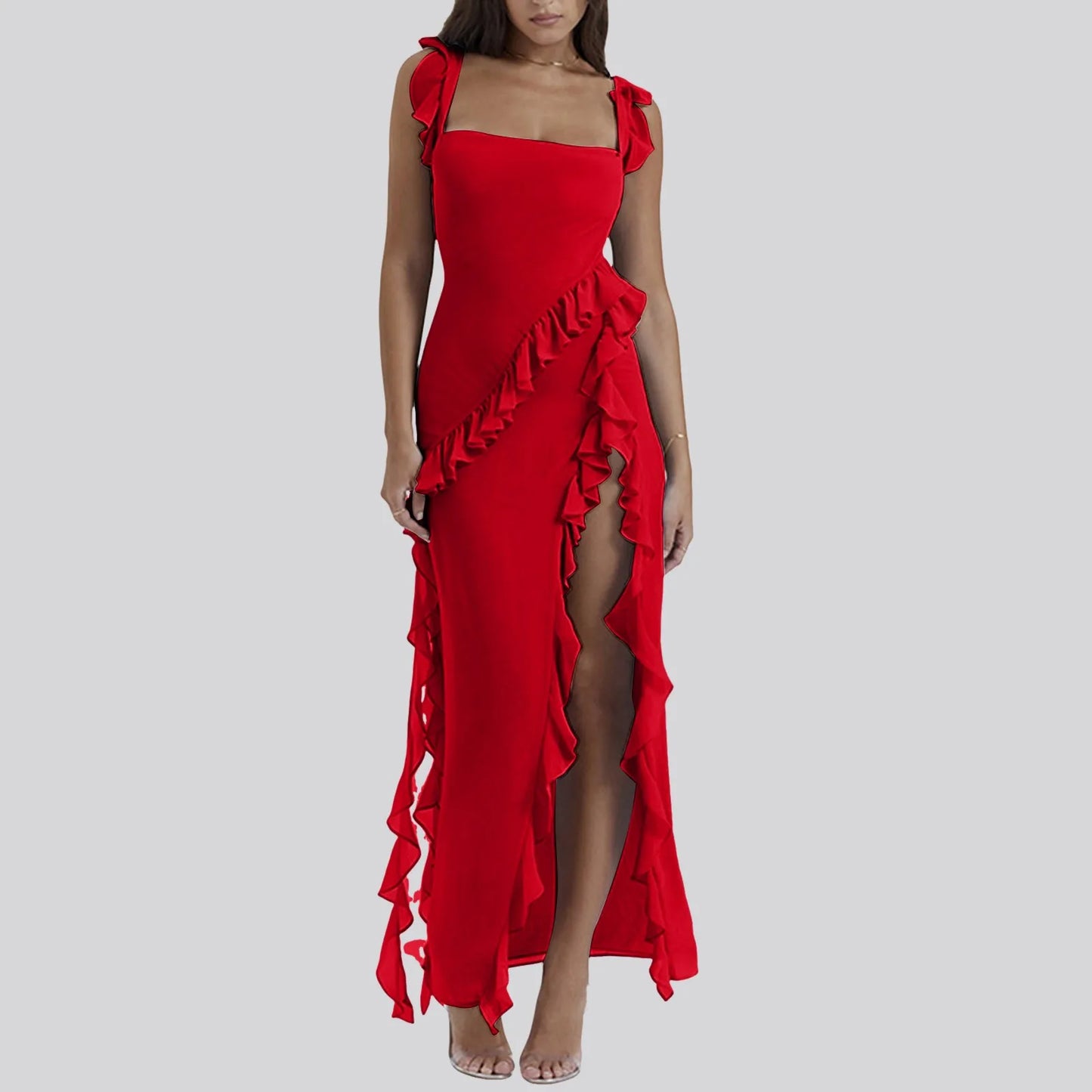 Ruffled Midi Dress for Women Sexy Straps Off Shoulder High Slit