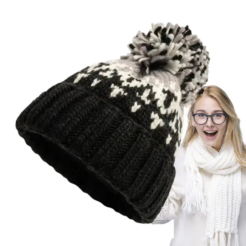 Knitted Beanie with Pom Winter Pompom Beanie Hat Soft and Warm Snow Hat Pom Pom Hats for Cold Weather and Outdoor Winter Pompom