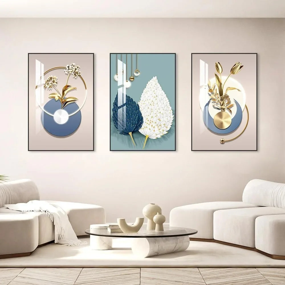 Set of 3 Abstract Framed Painting Bright Style Wall Decor