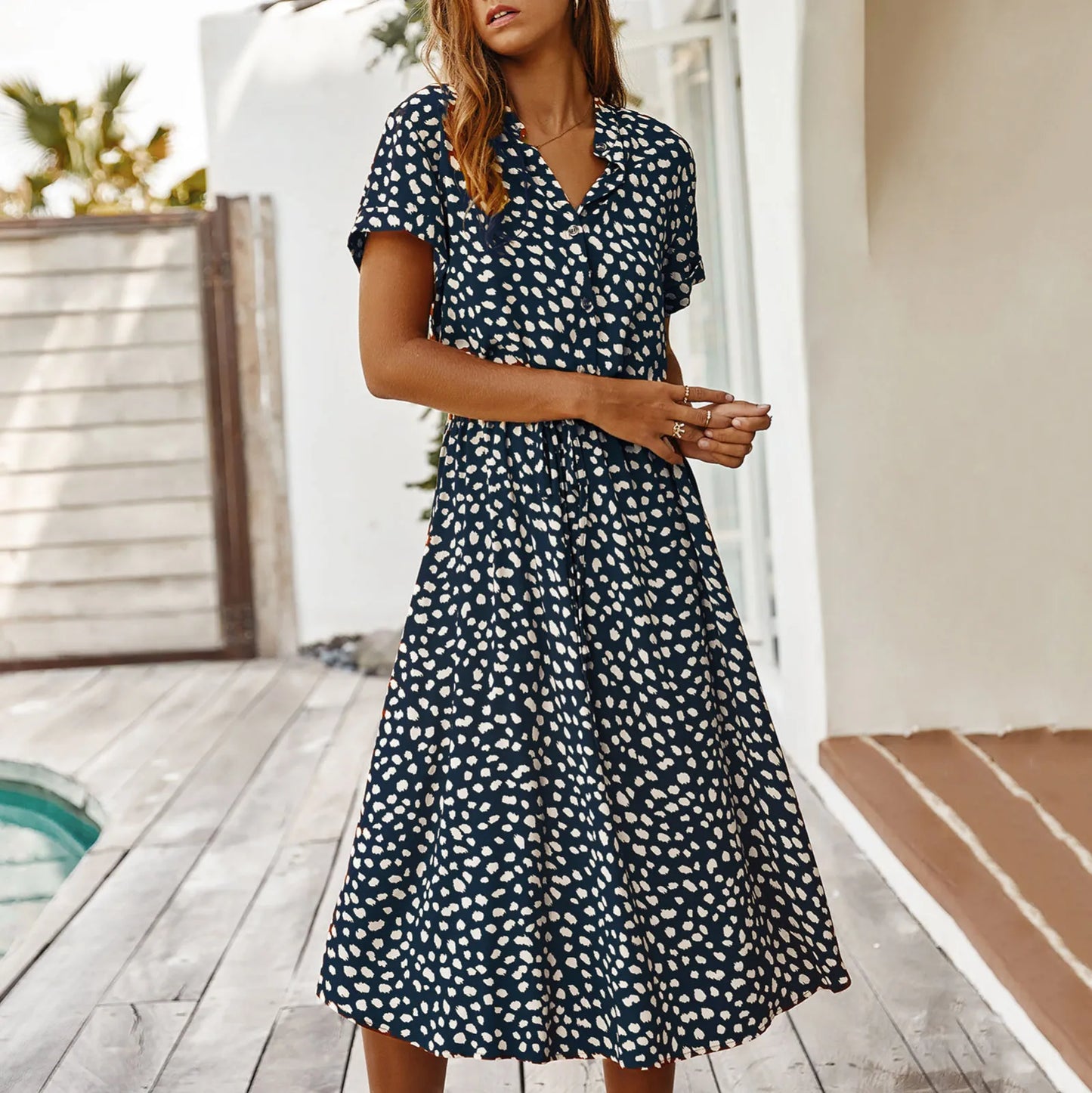 Summer Dresses Women Summer Polka Dot Printing With Buttons Short Sleeves Drawstring Waist