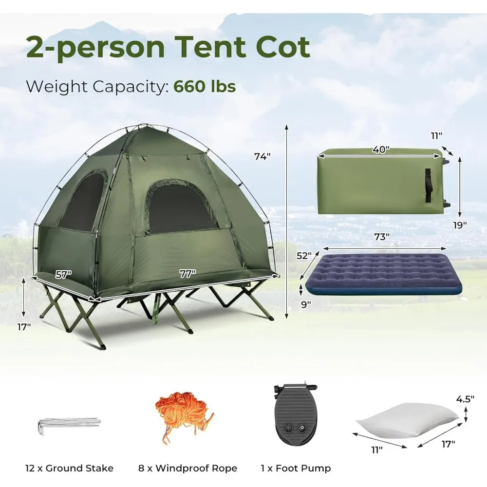 Tent Cot, 5-in-1 Folding Camping Cot with Mattress & Pillows