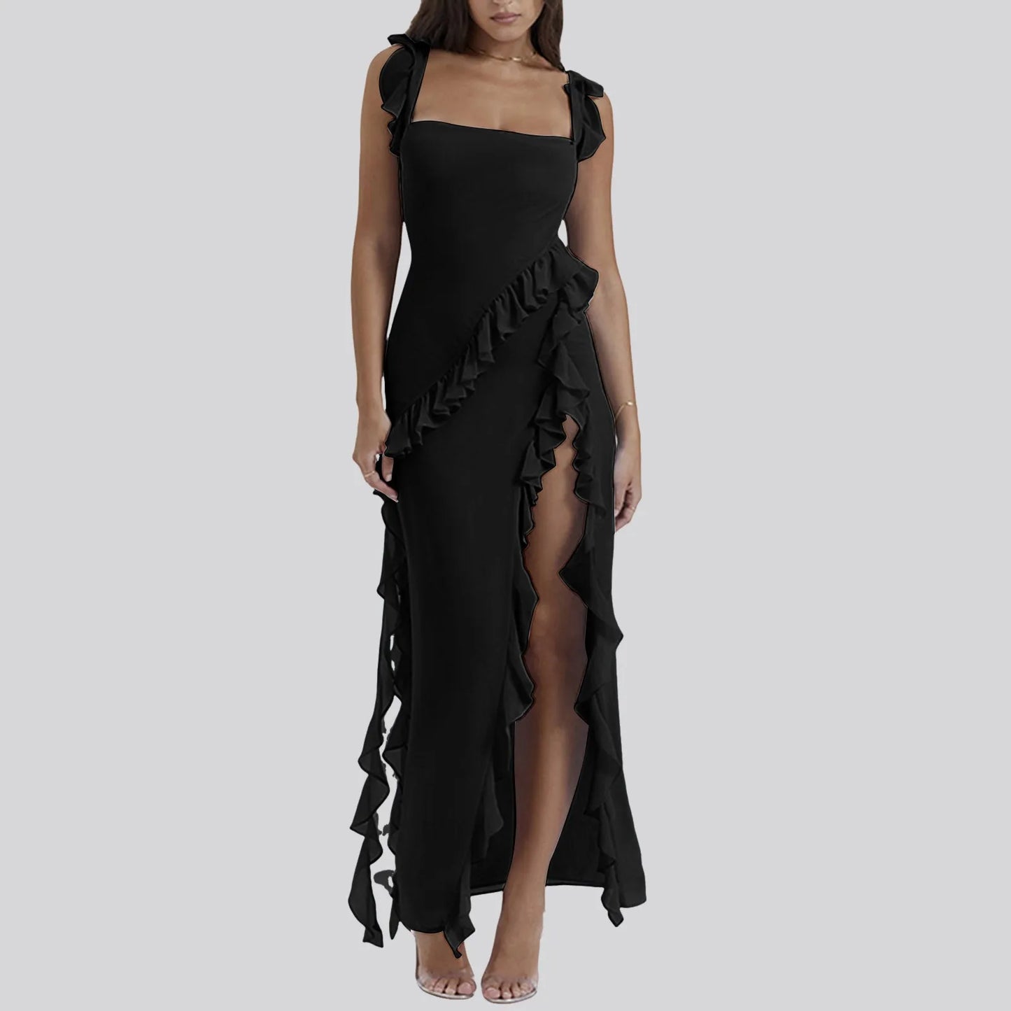 Ruffled Midi Dress for Women Sexy Straps Off Shoulder High Slit