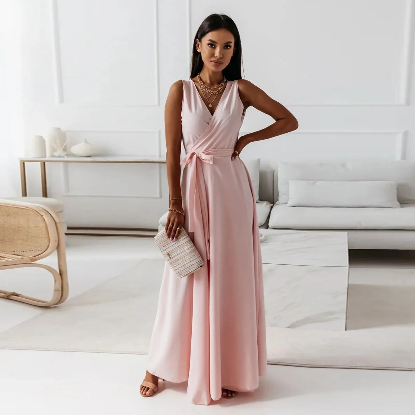 Solid Color V Neck Sleeveless Long Dress