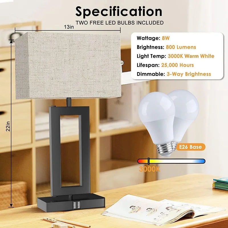 22’’ Tall Set of 2 Touch Control Table Lamp w. 2 USB Ports, 3-Way Dimmable