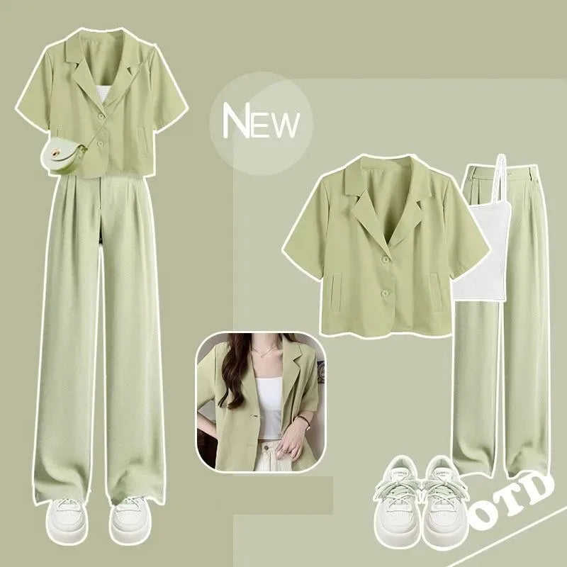 Young Lady's Summer Suit Chic Short Sleeved Suit Coat+Sling+Pants