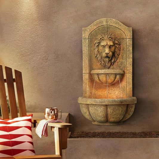 Lion Head Roman Outdoor Wall Water Fountain 29 1/2" High with LED Light