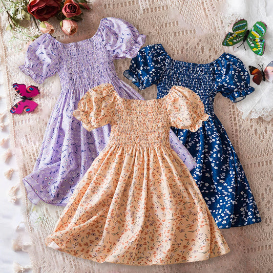 Girls Flower Print Short Sleeve Trendy Dress