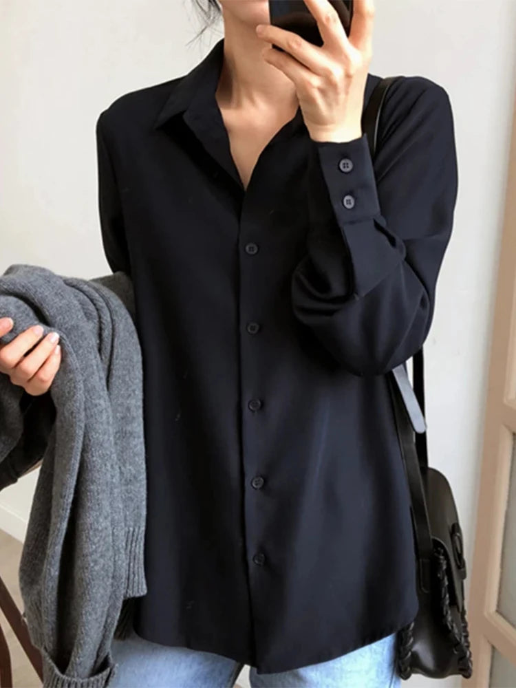 Women Solid Black Chiffon Blouse Long Sleeve