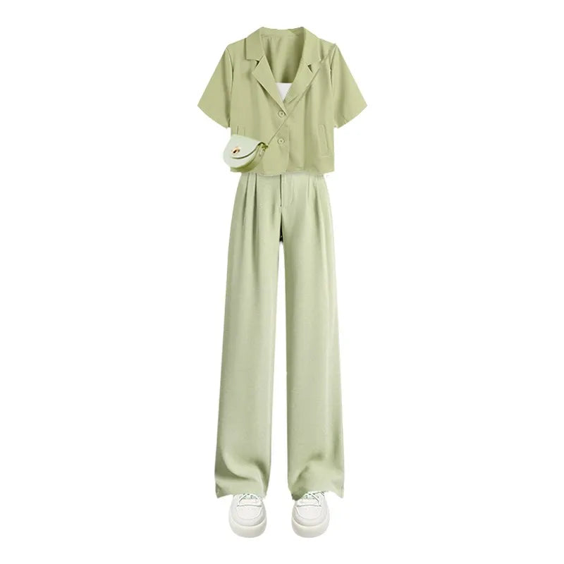 Young Lady's Summer Suit Chic Short Sleeved Suit Coat+Sling+Pants