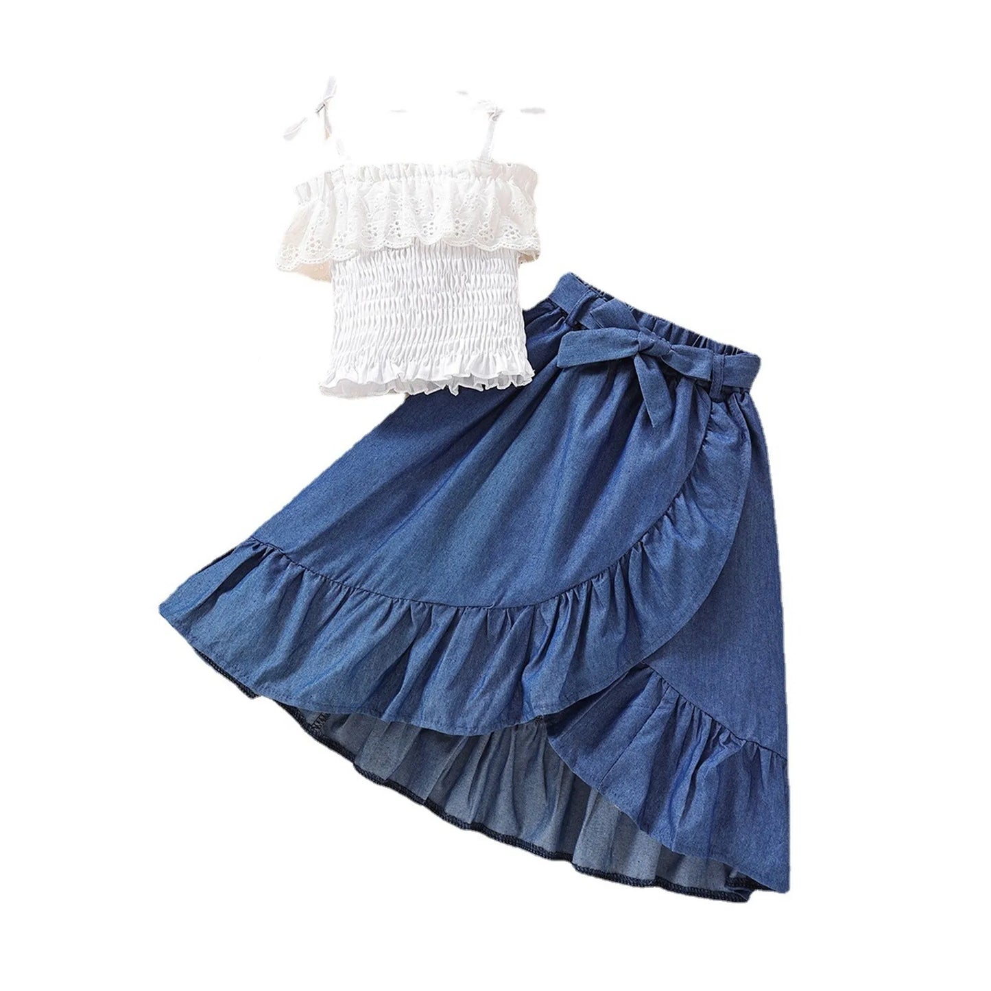 Summer Girls Cute Set Embroidered Sleeve Top Lace Denim Skirt Age 3-8 Years