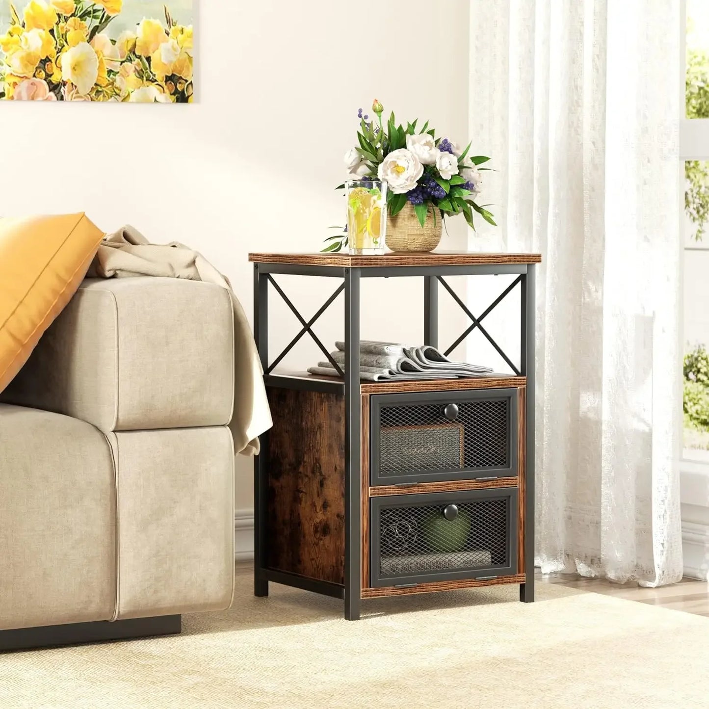 Modern Night Stand, End Side Table with Storage Space and Door